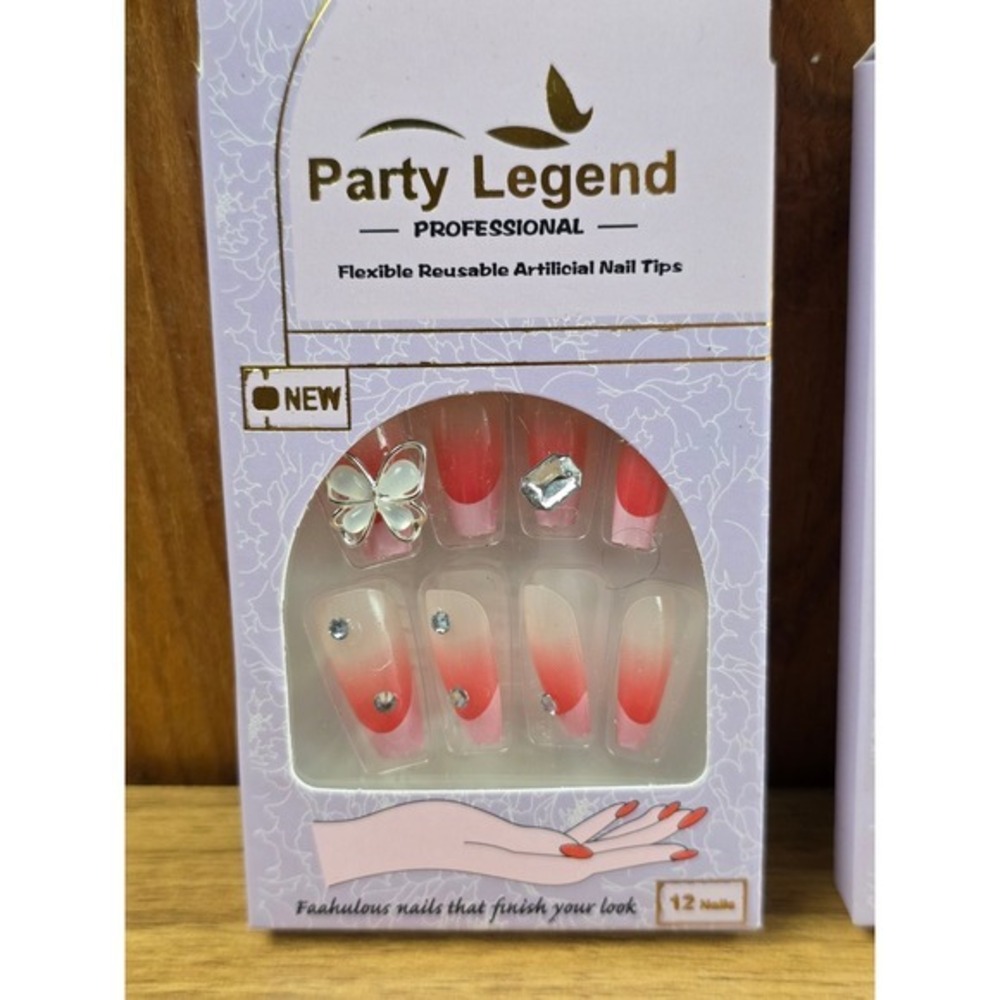Party Legend Artificial Nail Tips 12ct Multicolor New Ombre Butterfly Rhinestone - Picture 2 of 5